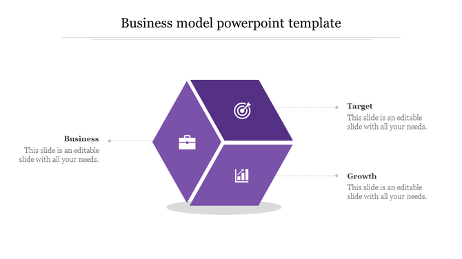 Business model diagram in purple cube shape, divided into three labeled sections with icons for business, target, and growth.