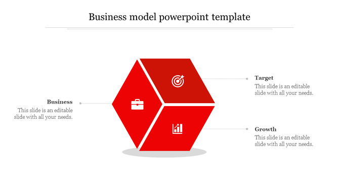 Hexagonal business diagram with three red segments showing icons for business, target, and growth, linked to caption areas.