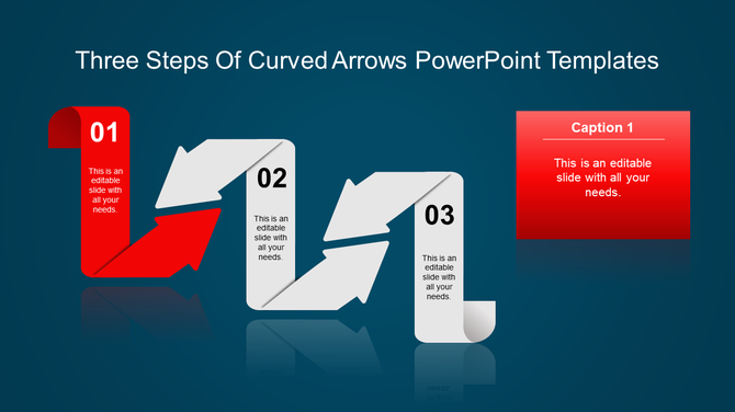 Creative PowerPoint template with a blue background, showcasing three sequential curved arrows labeled 01, 02, and 03.