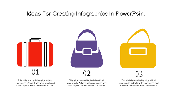 Creative PowerPoint design showcasing red, purple, and yellow bag icons with captions for infographic ideas.