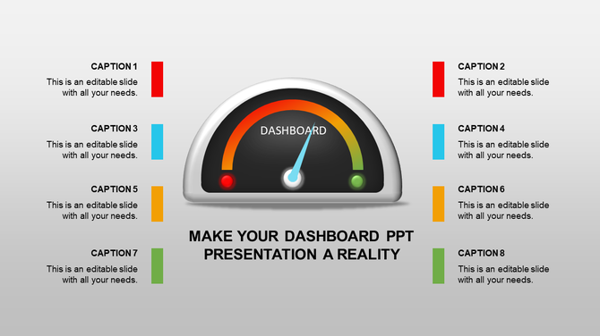 Dashboard gauge with captions on both sides for a PowerPoint presentation template.