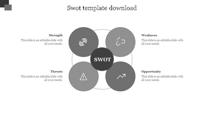 SWOT analysis slide with four connected gray circles, each containing icons representing business factors.