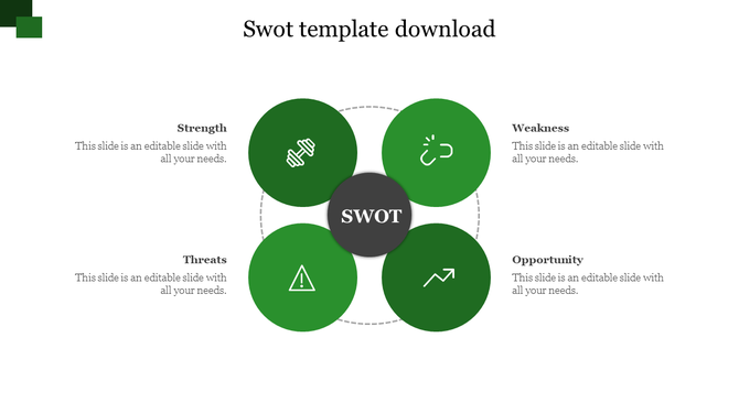 SWOT analysis infographic with four circular segments for strength to threats, surrounding a central label.