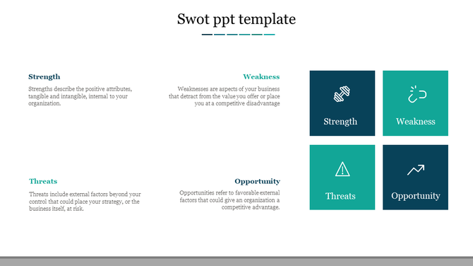 SWOT analysis slide with descriptive text and icons for strengths, weaknesses, opportunities, and threats in a grid layout.