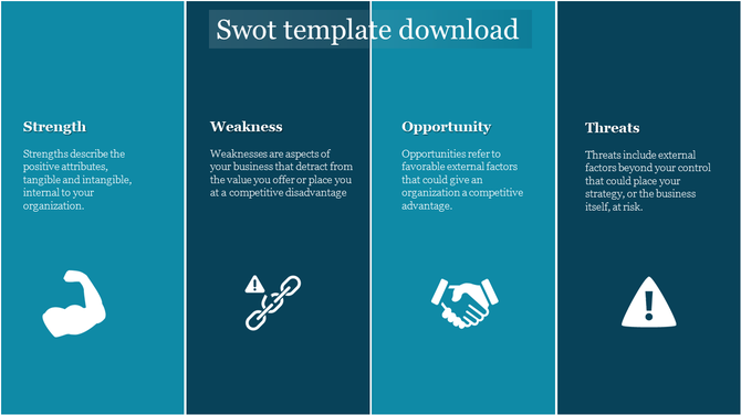 Four column SWOT analysis template with icons divided into vertical columns for strength, weakness, opportunity, and threat.