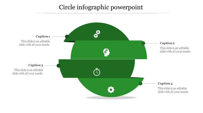Overlapping green bands in a circular layout, each containing a white icon and linked to caption areas.