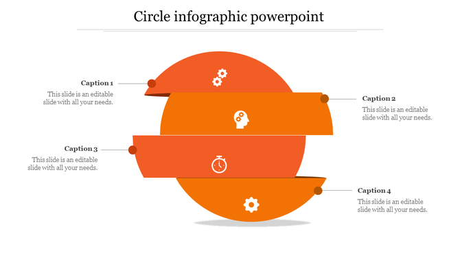 Circle infographic PowerPoint template with orange segments, each containing icons with captions.