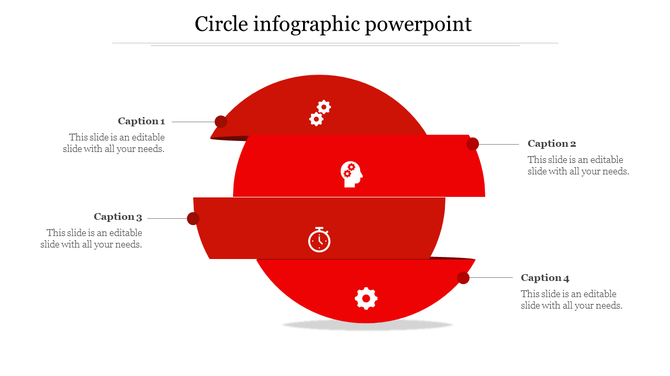 Abstract red circular diagram with three horizontal segments containing icons, aligned with four caption areas.