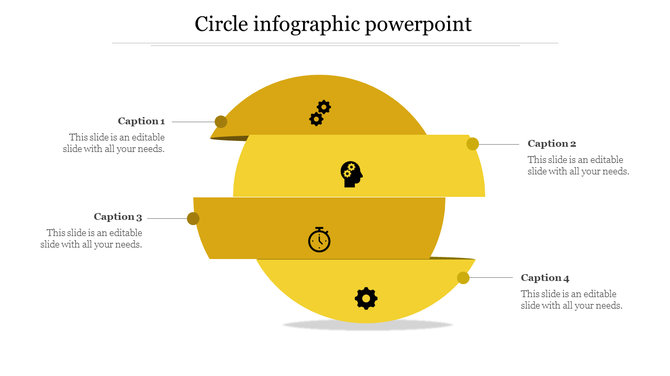 Circle infographic PowerPoint template with yellow segments, each containing icons with captions.