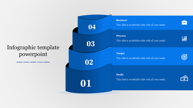 Curved step infographic in blue with four sections, each associated with a category and icon, forming a structured layout.