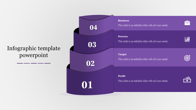 Wave styled purple infographic tiers numbered 01 to 04, each with icons and descriptions on the right.