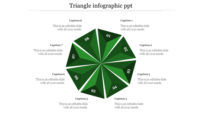 3D triangular radial diagram with eight green segments, numbered and aligned with surrounding captions areas.