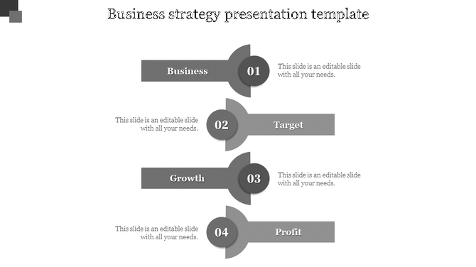 Business strategy PowerPoint template featuring four steps from business to profit with numbered grey circular labels.