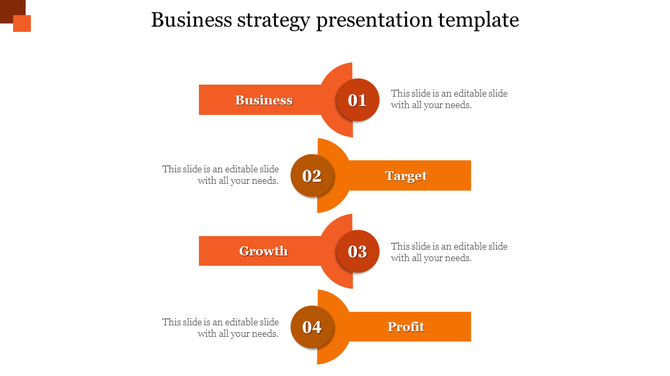 Orange strategy diagram featuring numbered circular markers and banners for business, target, growth, and profit.