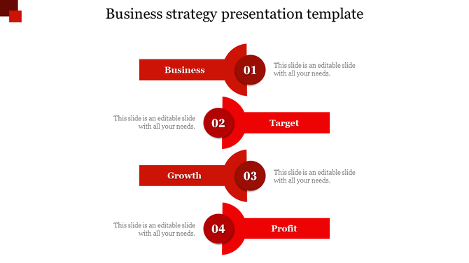 Red themed business strategy layout featuring four directional arrows with labels and numbers in circular badges.
