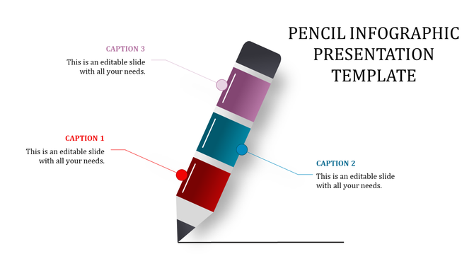 Pencil shaped infographic with three colorful segments and captions.
