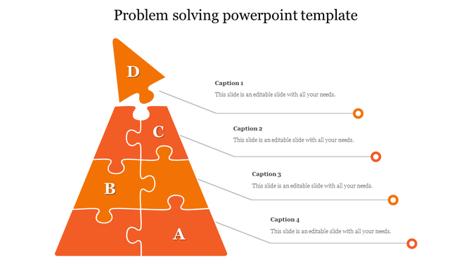 Stepwise problem solving infographic with a four-piece orange puzzle pyramid, labeled A to D, and captions areas.