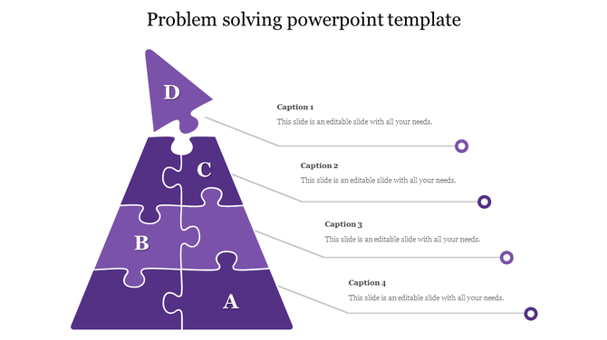 Problem solving diagram slide with purple puzzle pieces labeled A, B, C, D, and an arrow pointing upwards with captions.