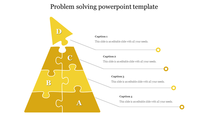 Problem solving pyramid infographic with four labeled puzzle pieces representing steps A, B, C, and D with captions.