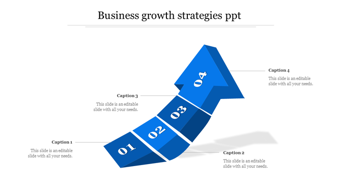 Business growth strategy infographic with a rising blue segmented arrow, numbered 01 to 04, linked to captions.