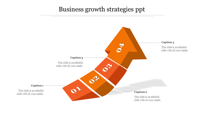 Business growth strategy infographic with a rising orange segmented arrow, numbered 01 to 04, linked to captions.