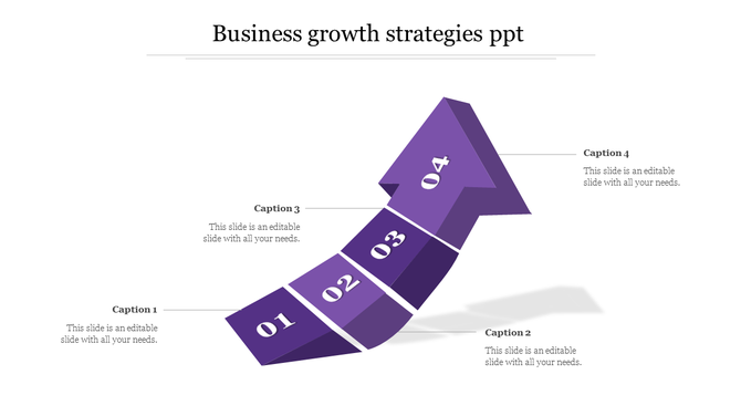 Business growth strategies PowerPoint slide showing four numbered sections with icons on a purple arrow with captions.