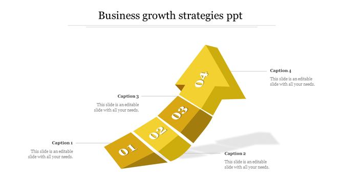 Business growth strategy infographic with a rising yellow segmented arrow, numbered 01 to 04, linked to captions.