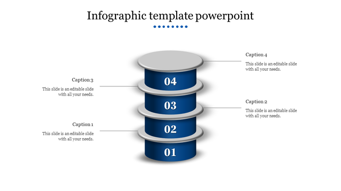 Stacked cylindrical infographic with four blue layers labeled 01 to 04, each connected to placeholder text areas.