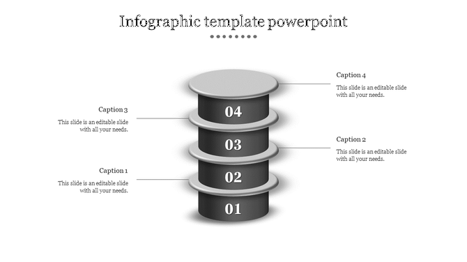 Infographic PPT template with a grey stacked design featuring four sections labeled 01 to 04 with captions.