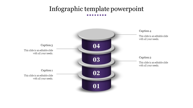 Stacked cylindrical infographic with four dark purple layers labeled 01 to 04, each connected to placeholder text areas.