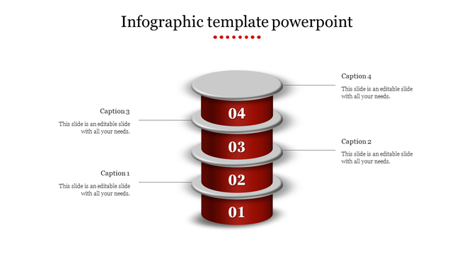 Infographic PPT template with a red stacked design featuring four sections labeled 01 to 04 with captions.