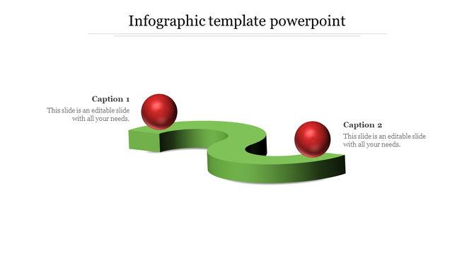 A PowerPoint infographic template featuring a green curve with two red spheres, with two captions.