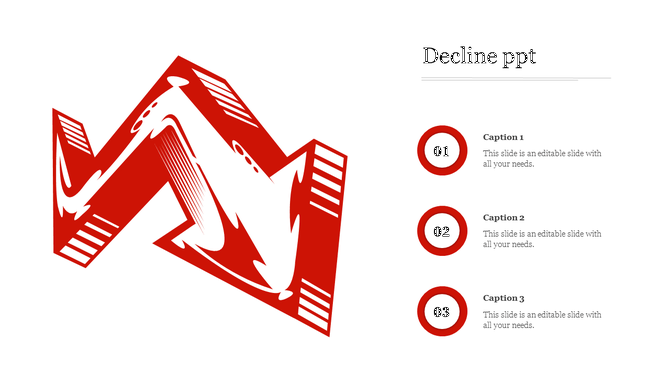 PowerPoint slide design illustrating a red, angular shape with arrows pointing down, indicating a decline with captions.