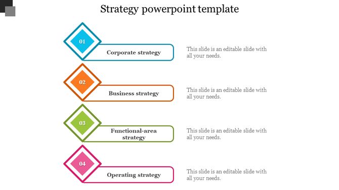 Strategy PowerPoint template with four diamond shaped icons for different strategies.