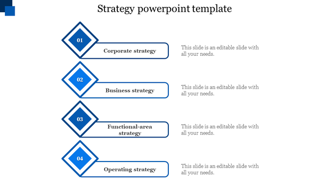 Strategy PPT slide with four sections from Corporate to Operating strategies, each accompanied by a blue diamond icon.