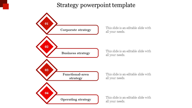 Red four step strategy infographic with diamond shaped numbered markers and horizontal banners labeled.