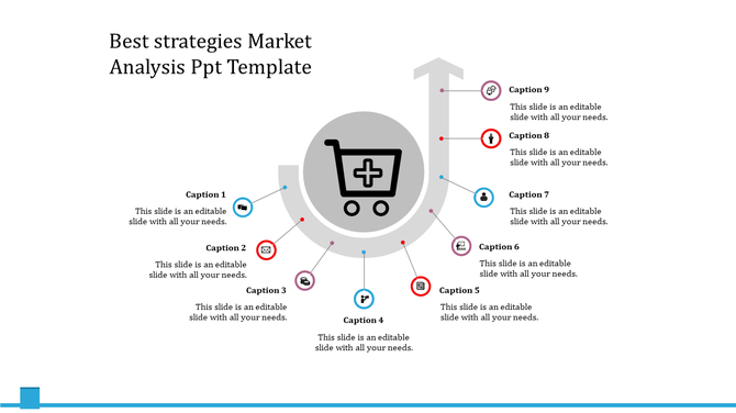 Market analysis PowerPoint slide featuring icons and an upward arrow, representing various strategies and elements.