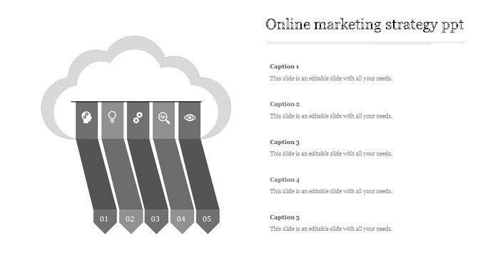 Black and white online marketing strategy diagram with a cloud and five vertical segments displaying icons and numbers.