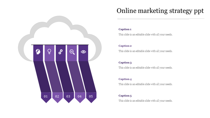 Online marketing strategy diagram showing a cloud with five downward arrows, each labeled with an icon and number.