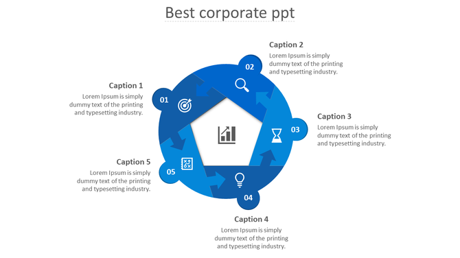 Five step corporate workflow infographic featuring a pentagonal core, blue arrows forming a cycle, and business icons.