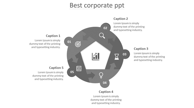 Best corporate PowerPoint slide showing a grey circular flow with five sections, each labeled 01 to 05 with captions.