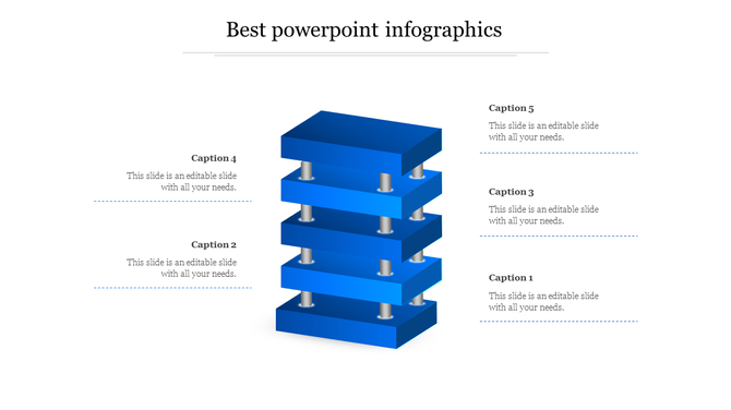 3D stacked infographic with five blue layers connected by silver columns, each linked to a caption areas.