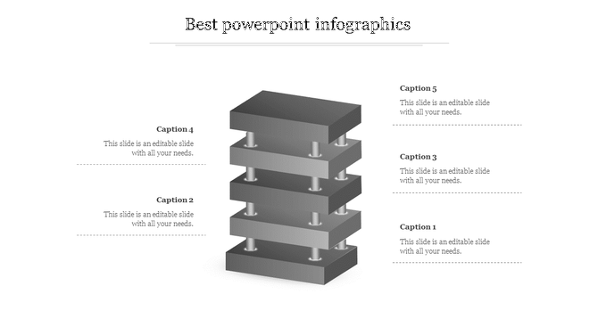 Best infographic slide design featuring five grey blocks stacked with silver supports, each section labeled for captions.
