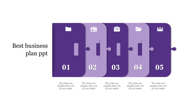 Purple themed puzzle style business plan infographic with five numbered sections, featuring icons and text below.