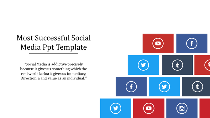 Social media slide with text on the left and a stacked arrangement of colored blocks displaying various platform icons.