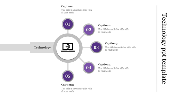 Technology themed diagram with a central laptop icon linked to five surrounding purple circles numbered 01 to 05.