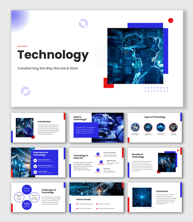 Presentation About Technology PowerPoint with VR headset image, blue red shapes, icons, and clean modern slide layouts.