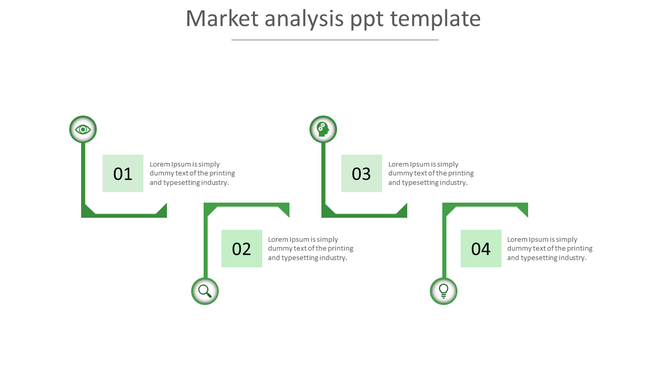 Market analysis PPT template has four steps, each marked by a green icon and description.