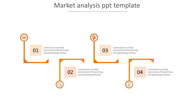 Market analysis PPT template has four steps, each marked by an orange icon and description.