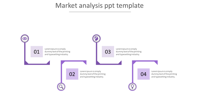 Purple market analysis infographic, each connected by a zigzag pathway with icons representing different  stages.
